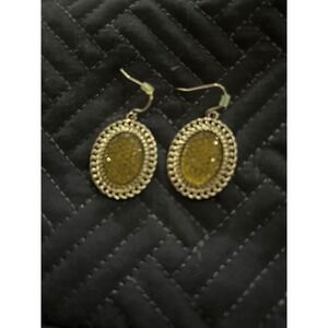 Oval Drop Earrings Gold Tone Olive Green Textured Cabochon Statement‎